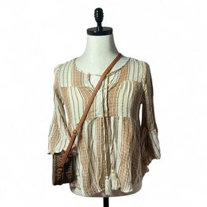 Striped‎ Bohemian Tunic Top Bell Sleeve Brown Cream Boho Chic Blouse